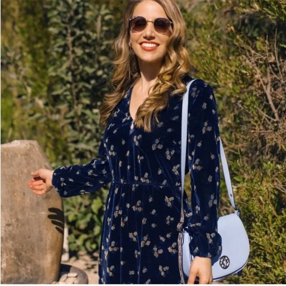 Cabi Decked Out navy blue floral velvet belted midi dress Extra Large XL #3875